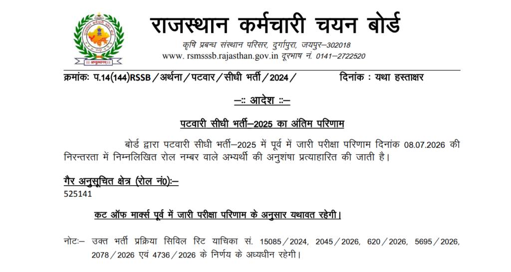 Patwar 2025 Recommendation Withdrawal Order