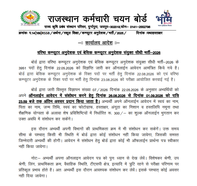 Rajasthan Computer Instructor Application Form Correction 2026