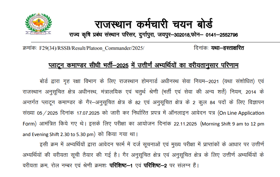 Rajasthan Platoon Commander Result 2025
